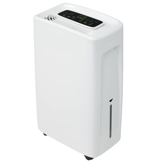 Vista lateral do desumidificador de ar portátil branco com visor de nível de água